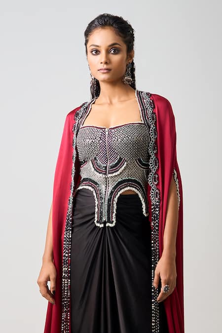 Nupur Kanoi Burgundy Satin, Crepe Beads, Sequins Embellished Slit Cape Draped Skirt Set Online at Aza Fashions Nupur Kanoi_Burgundy Satin, Crepe Beads, Sequins Embellished Slit Cape Draped Skirt Set _Online_at_Aza_Fashions