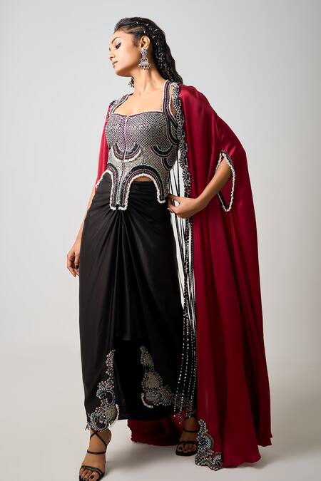 Buy_Nupur Kanoi_Burgundy Satin, Crepe Beads, Sequins Embellished Slit Cape Draped Skirt Set _Online_at_Aza_Fashions