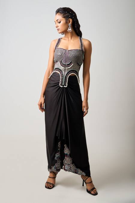 Shop_Nupur Kanoi_Burgundy Satin, Crepe Beads, Sequins Embellished Slit Cape Draped Skirt Set _Online_at_Aza_Fashions