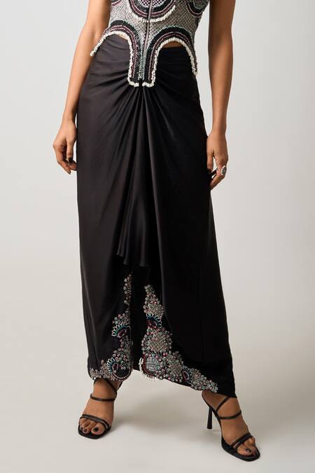 Nupur Kanoi Burgundy Satin, Crepe Beads, Sequins Embellished Slit Cape Draped Skirt Set at Aza Fashions Nupur Kanoi_Burgundy Satin, Crepe Beads, Sequins Embellished Slit Cape Draped Skirt Set _at_Aza_Fashions