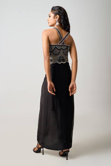 Buy_Nupur Kanoi_Burgundy Satin, Crepe Beads, Sequins Embellished Slit Cape Draped Skirt Set 