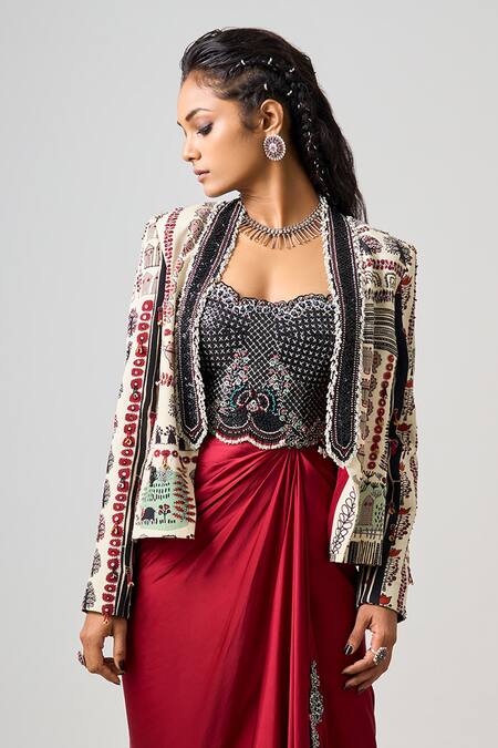 Nupur Kanoi_Off White Crepe, Tribal Floral Embellished Blazer With Bustier Asymmetric Dress _Online_at_Aza_Fashions