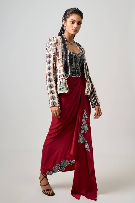 Buy_Nupur Kanoi_Off White Crepe, Tribal Floral Embellished Blazer With Bustier Asymmetric Dress _Online_at_Aza_Fashions