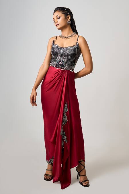 Shop_Nupur Kanoi_Off White Crepe, Tribal Floral Embellished Blazer With Bustier Asymmetric Dress _Online_at_Aza_Fashions