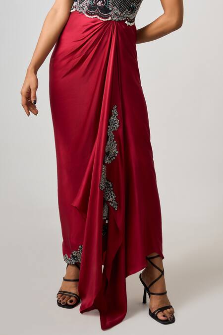 Nupur Kanoi_Off White Crepe, Tribal Floral Embellished Blazer With Bustier Asymmetric Dress _at_Aza_Fashions