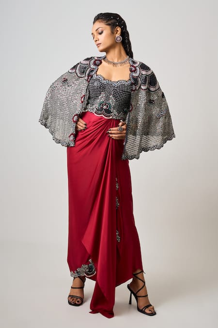 Nupur Kanoi Sequin Floral Embellished Cape With Bustier Asymmetric Dress 