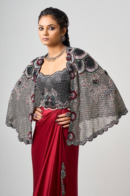 Buy_Nupur Kanoi_Black Crepe, Georgette, Floral Embellished Cape With Bustier Asymmetric Dress _Online_at_Aza_Fashions