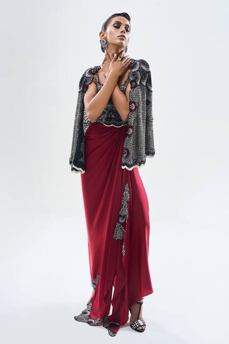 Shop Nupur Kanoi Black Crepe, Georgette, Floral Embellished Cape With Bustier Asymmetric Dress Online at Aza Fashions Shop_Nupur Kanoi_Black Crepe, Georgette, Floral Embellished Cape With Bustier Asymmetric Dress _Online_at_Aza_Fashions