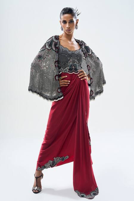 Nupur Kanoi Black Crepe, Georgette, Floral Embellished Cape With Bustier Asymmetric Dress at Aza Fashions Nupur Kanoi_Black Crepe, Georgette, Floral Embellished Cape With Bustier Asymmetric Dress _at_Aza_Fashions