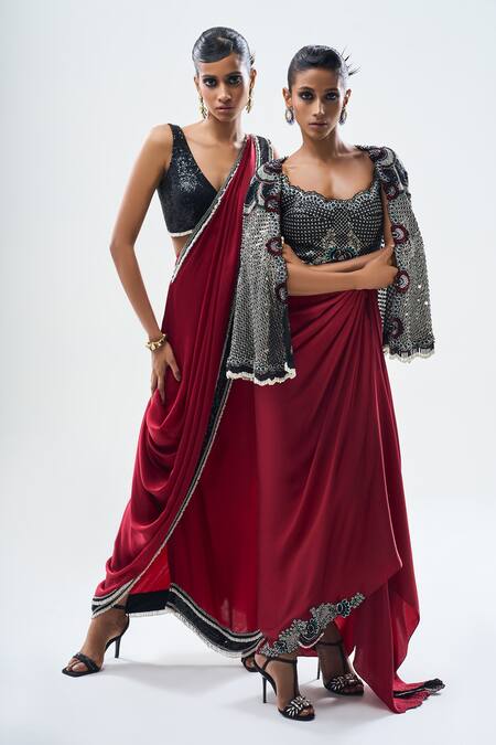 Buy Nupur Kanoi Black Crepe, Georgette, Floral Embellished Cape With Bustier Asymmetric Dress Buy_Nupur Kanoi_Black Crepe, Georgette, Floral Embellished Cape With Bustier Asymmetric Dress