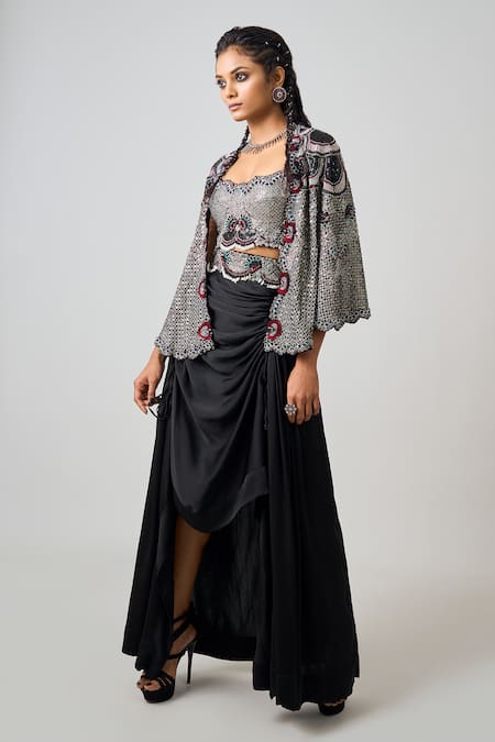 Nupur Kanoi Black Crepe Embroidered Sequin Bustier Kantha Cape Draped Skirt Set 