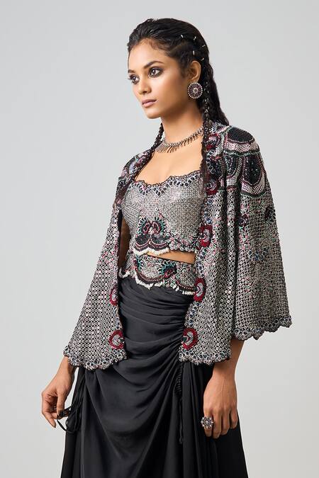Nupur Kanoi_Black Crepe, Satin Sequins, Beads Kantha Embroidered Cape Draped Skirt Set _Online_at_Aza_Fashions