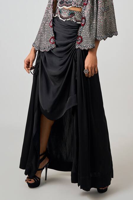 Buy_Nupur Kanoi_Black Crepe, Satin Sequins, Beads Kantha Embroidered Cape Draped Skirt Set _Online_at_Aza_Fashions