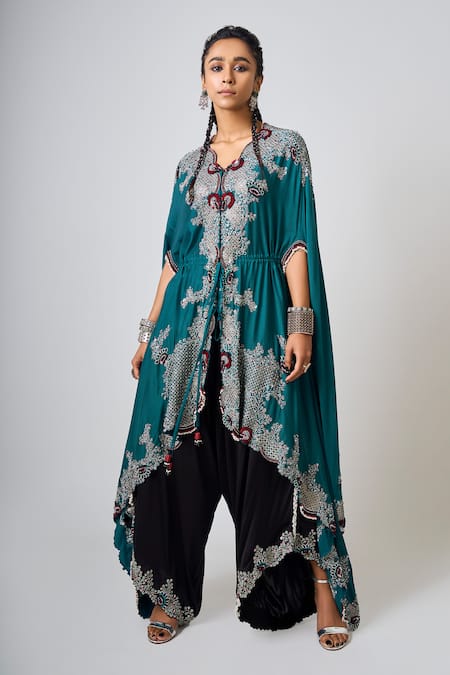 Nupur Kanoi Kantha Sequin Checkered Asymmetric Cape With Draped Pant Set 