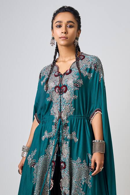 Nupur Kanoi_Blue Silk Kantha Sequin Checkered Asymmetric Cape With Draped Pant Set _Online_at_Aza_Fashions
