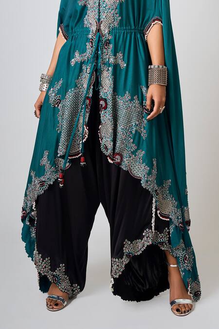 Buy_Nupur Kanoi_Blue Silk Kantha Sequin Checkered Asymmetric Cape With Draped Pant Set _Online_at_Aza_Fashions