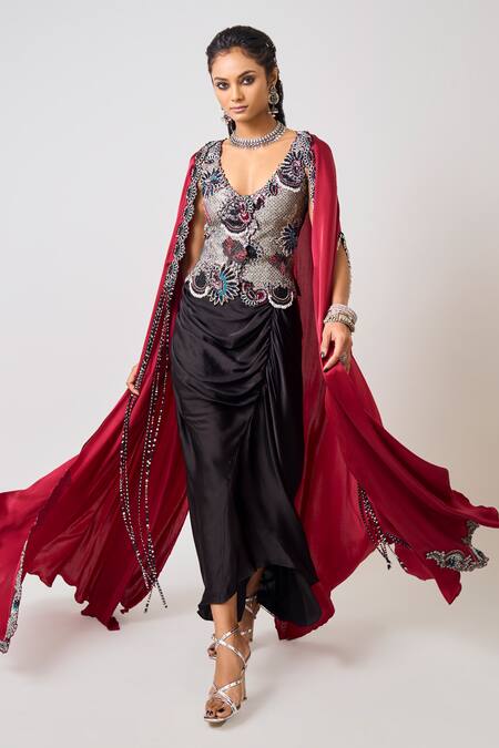 Nupur Kanoi_Burgundy Crepe, Satin, Lycra Floral Scallop Embroidered Cape Draped Skirt Set _Online_at_Aza_Fashions