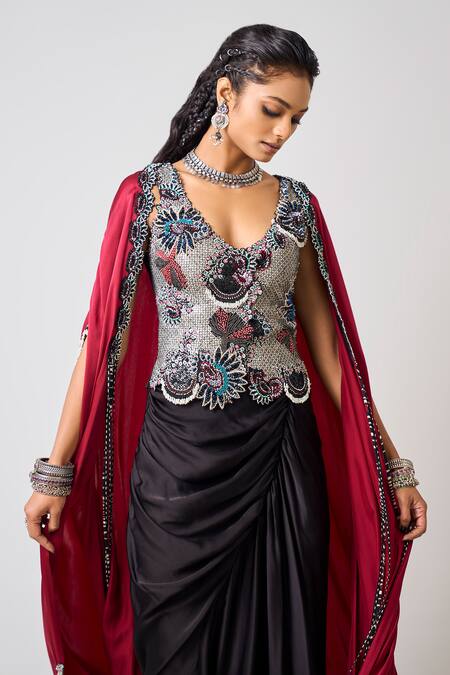 Buy_Nupur Kanoi_Burgundy Crepe, Satin, Lycra Floral Scallop Embroidered Cape Draped Skirt Set _Online_at_Aza_Fashions