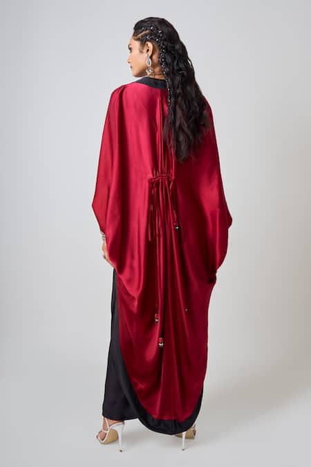 Shop Nupur Kanoi Burgundy Crepe, Satin Sequins Scoop Solid Cape Set With Tribal Embroidered Top at Aza Fashions Shop_Nupur Kanoi_Burgundy Crepe, Satin Sequins Scoop Solid Cape Set With Tribal Embroidered Top _at_Aza_Fashions