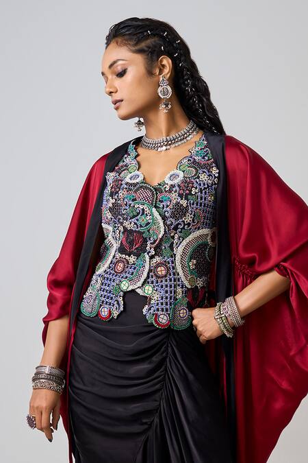 Nupur Kanoi Burgundy Crepe, Satin Sequins Scoop Solid Cape Set With Tribal Embroidered Top Online at Aza Fashions Nupur Kanoi_Burgundy Crepe, Satin Sequins Scoop Solid Cape Set With Tribal Embroidered Top _Online_at_Aza_Fashions