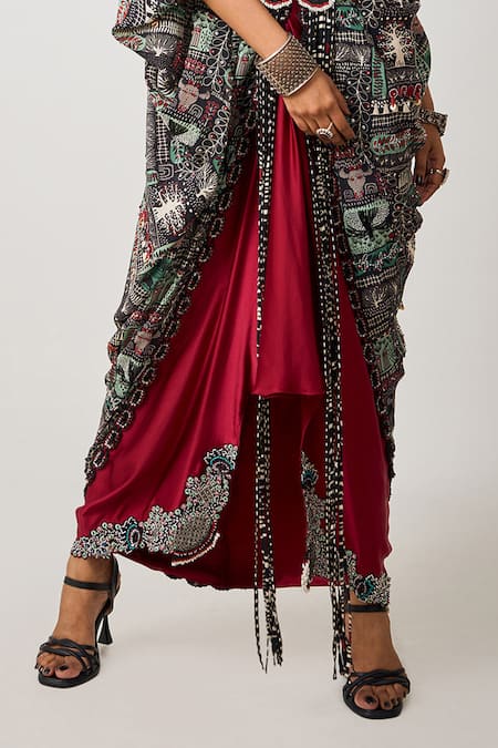 Nupur Kanoi Black Crepe, Satin Sequins, Beads Tribal Embellished Kaftan With Draped Skirt Online at Aza Fashions Nupur Kanoi_Black Crepe, Satin Sequins, Beads Tribal Embellished Kaftan With Draped Skirt _Online_at_Aza_Fashions