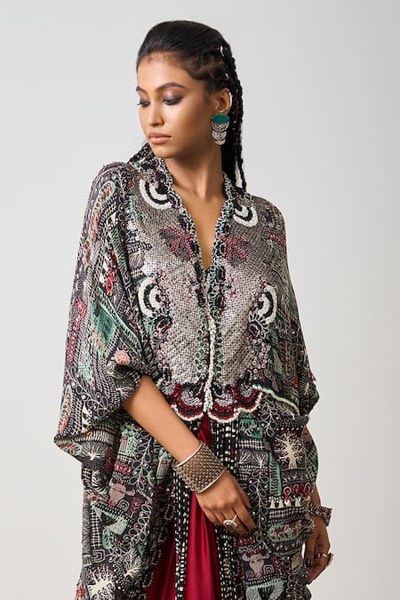 Buy Nupur Kanoi Black Crepe, Satin Sequins, Beads Tribal Embellished Kaftan With Draped Skirt Online at Aza Fashions Buy_Nupur Kanoi_Black Crepe, Satin Sequins, Beads Tribal Embellished Kaftan With Draped Skirt _Online_at_Aza_Fashions