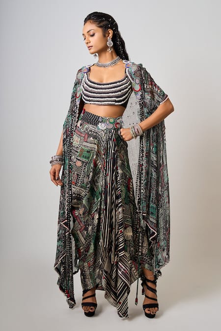 Nupur Kanoi Black Crepe Embroidered Sequin Tribal Bead Embellished Cape Cowl Skirt Set 