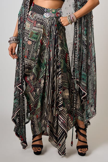 Nupur Kanoi_Black Crepe, Georgette, Satin Beads, Tribal Embellished Cape Cowl Skirt Set _Online_at_Aza_Fashions