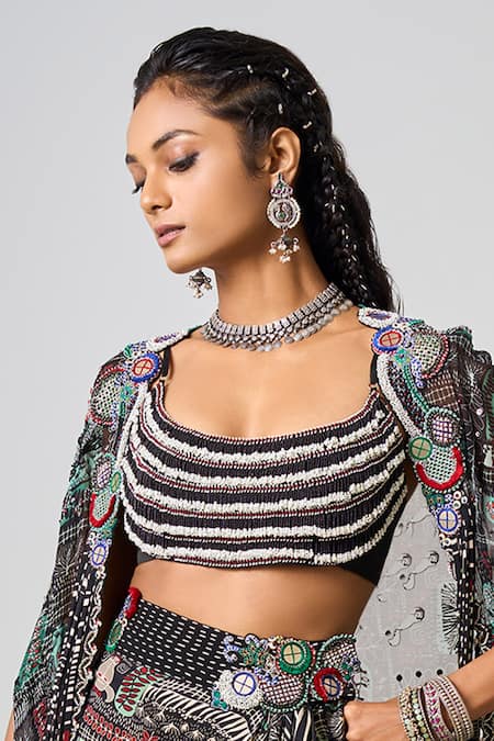 Buy_Nupur Kanoi_Black Crepe, Georgette, Satin Beads, Tribal Embellished Cape Cowl Skirt Set _Online_at_Aza_Fashions