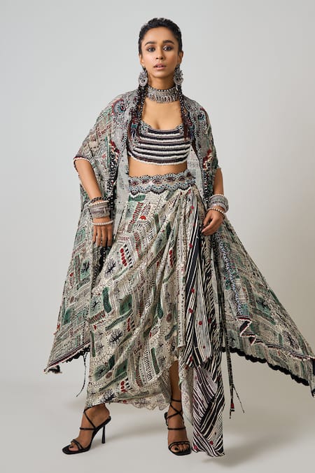 Nupur Kanoi Tribal Sequin Embellished Cape Cowl Skirt Set 