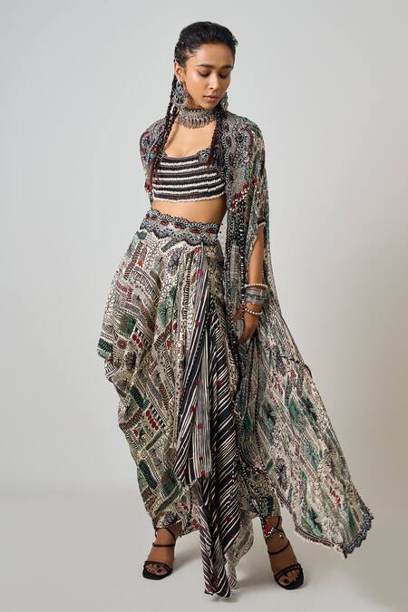 Shop_Nupur Kanoi_Off White Crepe, Georgette, Satin Beads, Tribal Embellished Cape Cowl Skirt Set _Online_at_Aza_Fashions