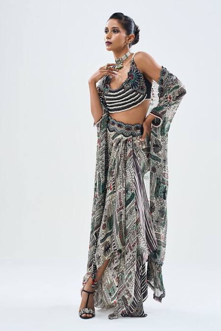 Buy Nupur Kanoi Off White Crepe, Georgette, Satin Beads, Tribal Embellished Cape Cowl Skirt Set Buy_Nupur Kanoi_Off White Crepe, Georgette, Satin Beads, Tribal Embellished Cape Cowl Skirt Set