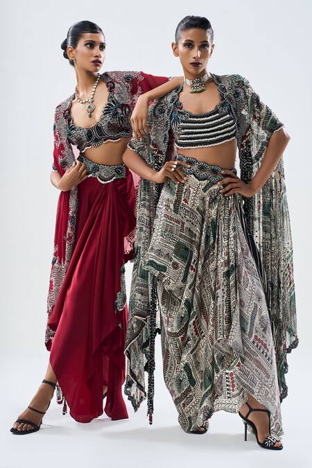 Shop Nupur Kanoi Off White Crepe, Georgette, Satin Beads, Tribal Embellished Cape Cowl Skirt Set Shop_Nupur Kanoi_Off White Crepe, Georgette, Satin Beads, Tribal Embellished Cape Cowl Skirt Set