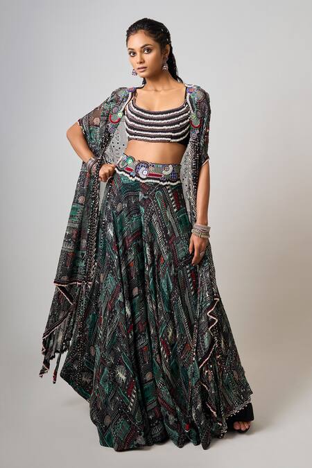 Shop_Nupur Kanoi_Black Crepe, Georgette, Tribal Embellished Asymmetric Cape Circular Pant Set _Online_at_Aza_Fashions