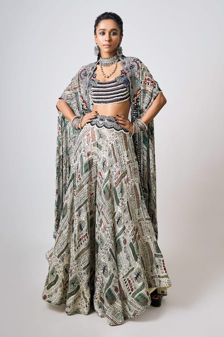 Nupur Kanoi Off White Crepe Embroidered Embellished Tribal Asymmetric Cape Circular Pant Set 