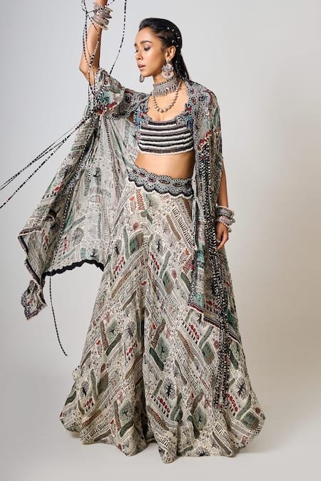 Nupur Kanoi_Off White Crepe, Georgette Embellished Tribal Asymmetric Cape Circular Pant Set _Online_at_Aza_Fashions