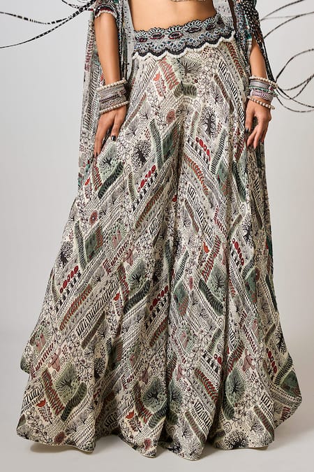 Buy_Nupur Kanoi_Off White Crepe, Georgette Embellished Tribal Asymmetric Cape Circular Pant Set _Online_at_Aza_Fashions