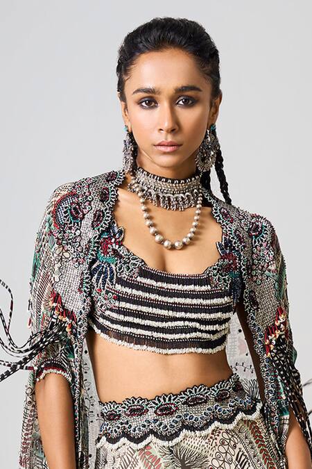 Shop_Nupur Kanoi_Off White Crepe, Georgette Embellished Tribal Asymmetric Cape Circular Pant Set _Online_at_Aza_Fashions