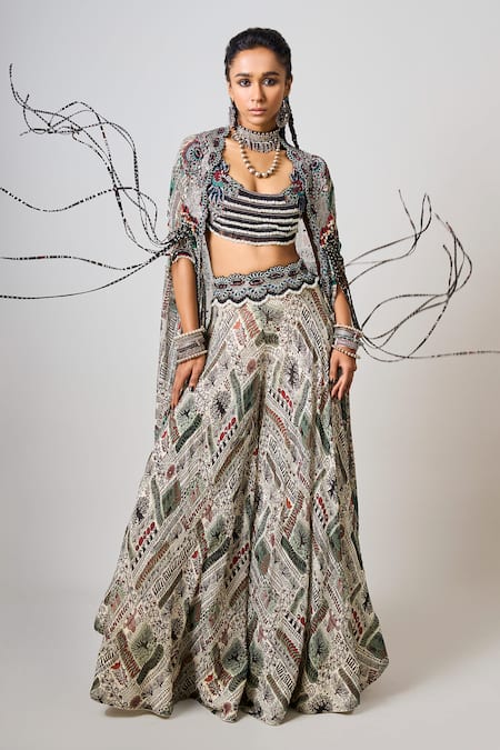 Nupur Kanoi_Off White Crepe, Georgette Embellished Tribal Asymmetric Cape Circular Pant Set _at_Aza_Fashions