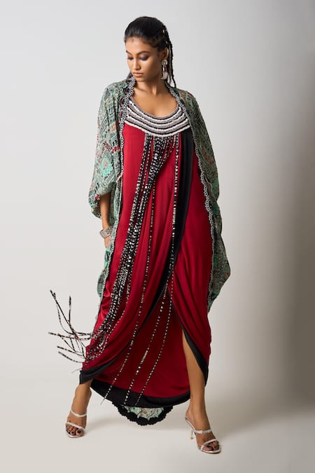 Nupur Kanoi Hand Embroidered Dress With Gathered Kite Jacket 