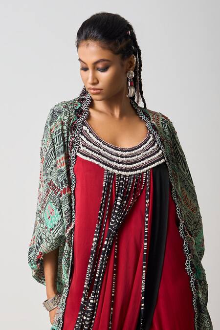 Nupur Kanoi_Burgundy Crepe, Satin Beads, Tassels, Hand Dress With Gathered Kite Jacket _Online_at_Aza_Fashions