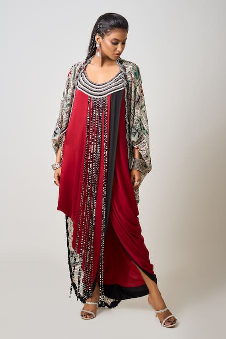 Nupur Kanoi Burgundy Crepe Print Abstract Hand Embroidered Tassel Dress With Gathered Kite 