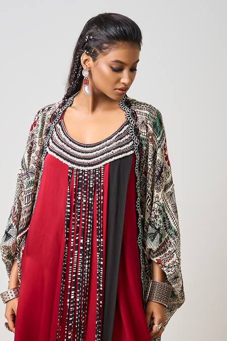 Nupur Kanoi_Burgundy Crepe, Satin Beads, Hand Embroidered Dress With Gathered Kite Jacket _Online_at_Aza_Fashions