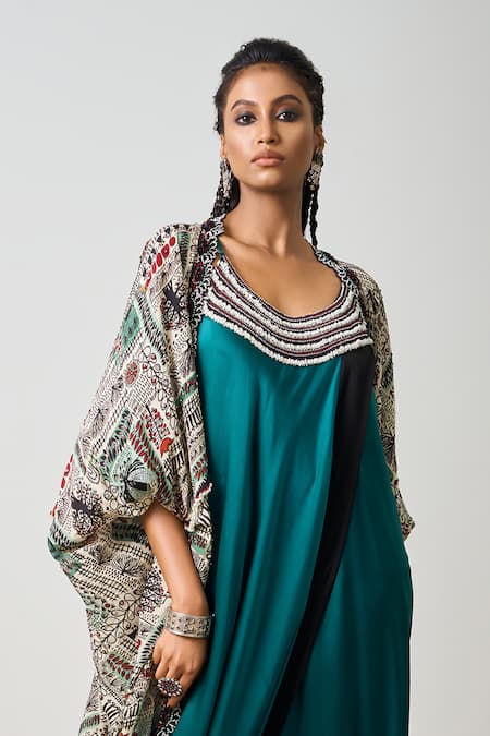 Nupur Kanoi_Blue Crepe, Satin Beads, Double Sack Dress With Abstract Print Kite Jacket _Online_at_Aza_Fashions