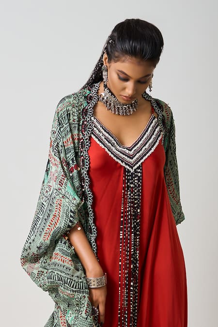 Shop Nupur Kanoi Red Crepe, Satin Beads Open Neck Abstract Print Kite Jacket With Draped Jumpsuit at Aza Fashions Shop_Nupur Kanoi_Red Crepe, Satin Beads Open Neck Abstract Print Kite Jacket With Draped Jumpsuit _at_Aza_Fashions