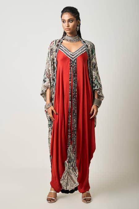 Nupur Kanoi Red Crepe Print Abstract Jacket Open Neck With Draped Jumpsuit 