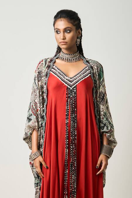 Nupur Kanoi_Red Crepe, Satin Beads, Tassels Open Abstract Print Jacket With Draped Jumpsuit _Online_at_Aza_Fashions