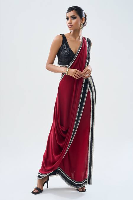 Nupur Kanoi_Burgundy Crepe, Satin Sequins, Pre-draped Slit Saree With Embroidered Blouse _Online_at_Aza_Fashions