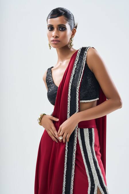 Buy_Nupur Kanoi_Burgundy Crepe, Satin Sequins, Pre-draped Slit Saree With Embroidered Blouse _Online_at_Aza_Fashions
