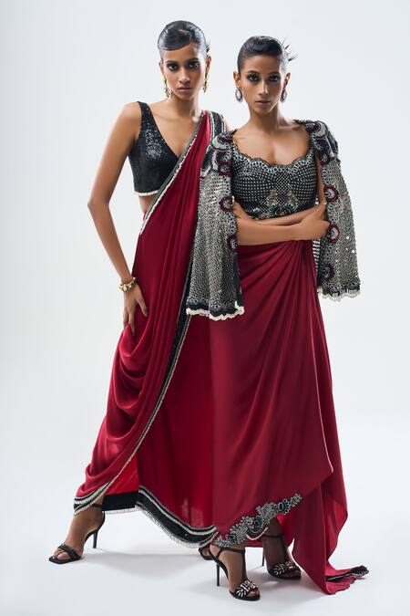 Shop_Nupur Kanoi_Burgundy Crepe, Satin Sequins, Pre-draped Slit Saree With Embroidered Blouse _Online_at_Aza_Fashions
